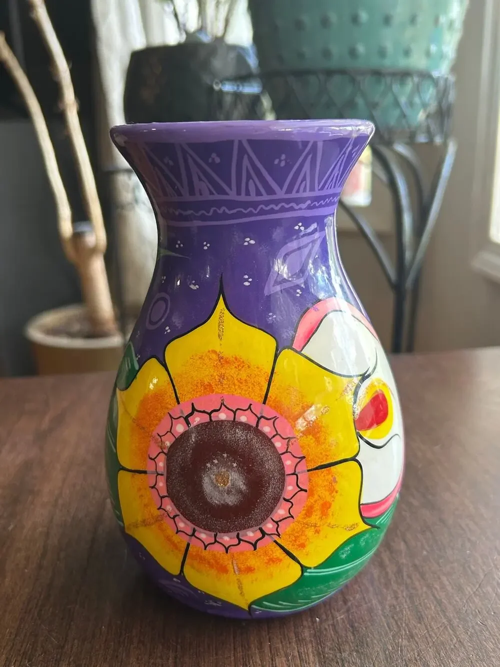 Mexican folk art pottery vase floral terra-cotta 7”